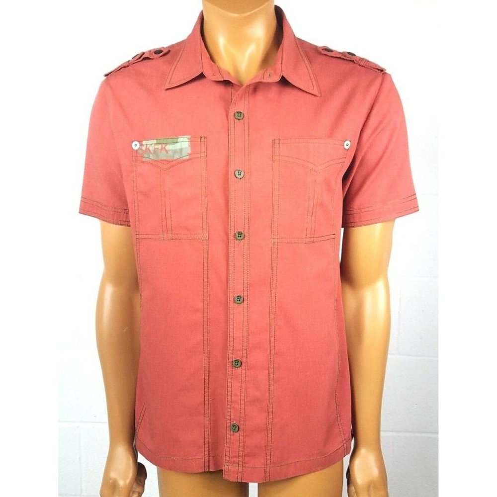 SKUNKFUNK Mens Red Button Up Shirt Size XL Short Sleeve Pockets Skateboard skfk